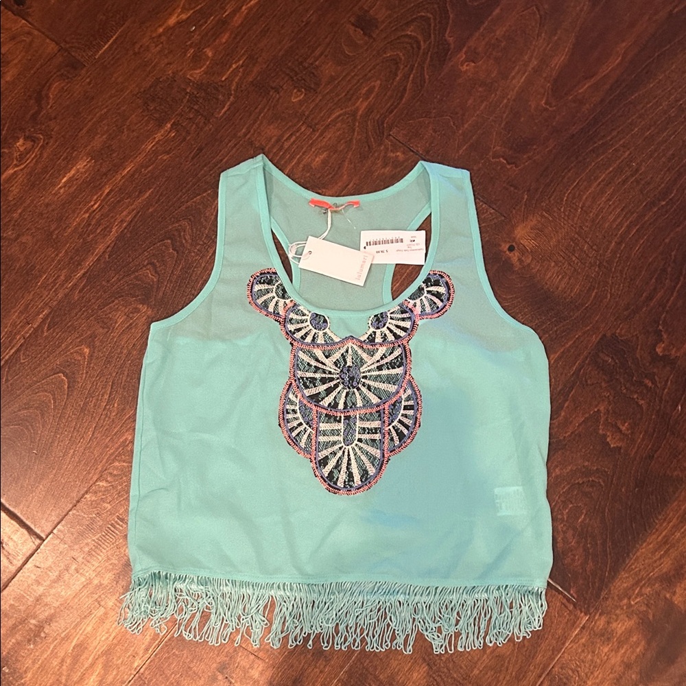 Lulumari Aqua Tank Top with Fringe and Embroidery